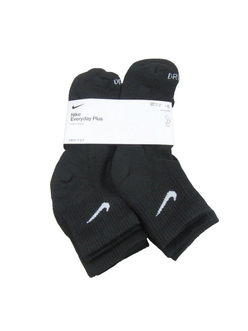 Nike Everyday Plus Cushioned Ankle Socks 6 Pack Mens Size 8-12 Black Dri-Fit NEW